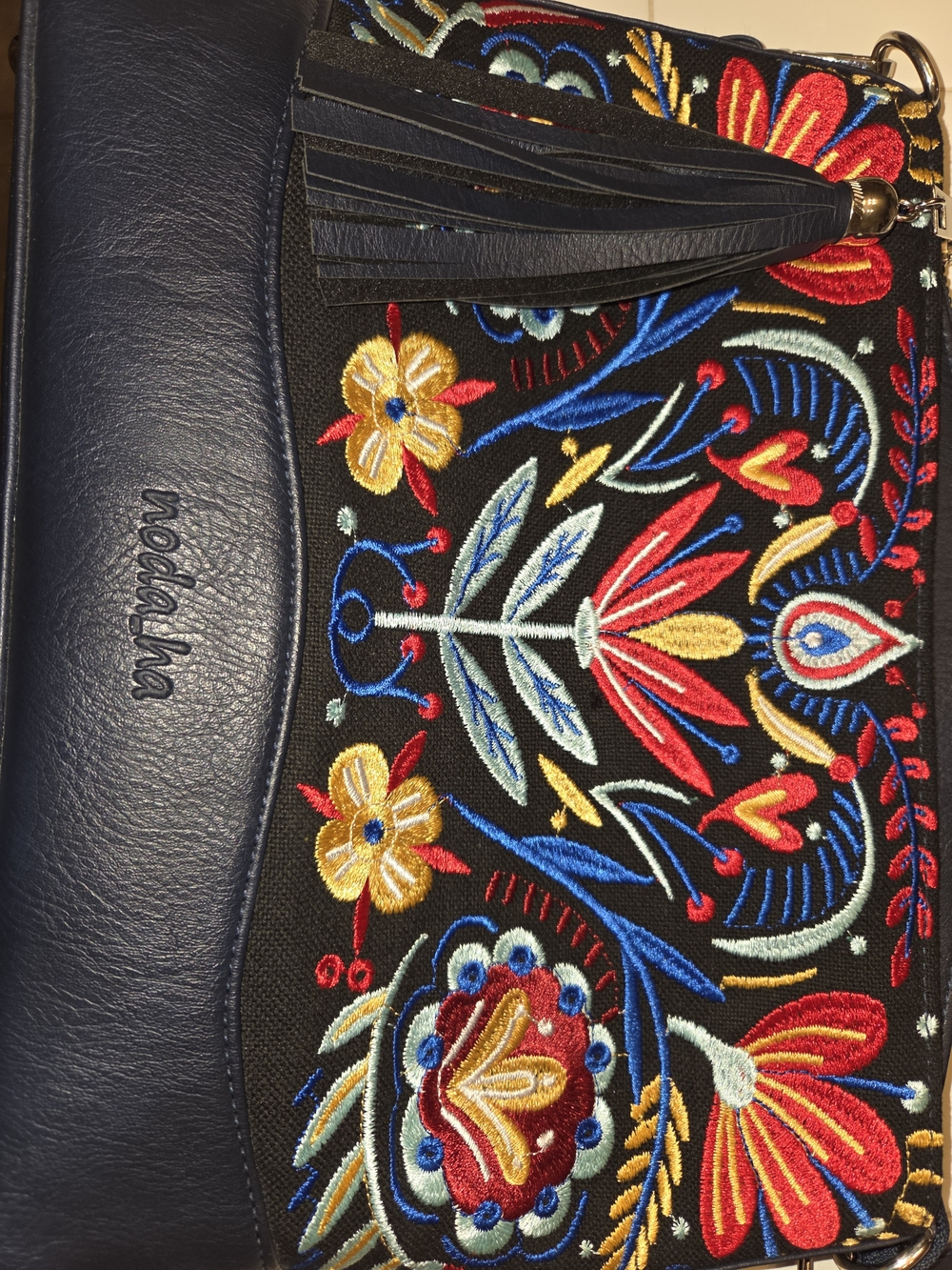 Modahna Embroidered Floral Sholder Bag- Navy Multicolor